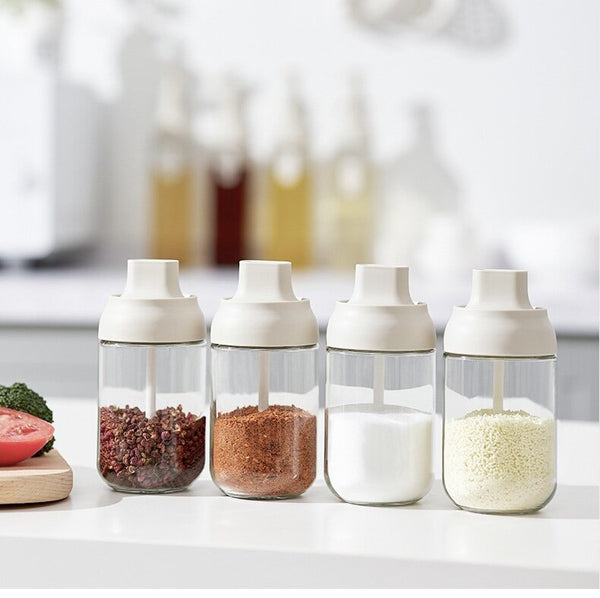 YNI 日式玻璃調料瓶 蓋勺一體 鹽罐 糖盒 Glass Seasoning Jars with Spoon and Lid Kitchen Seasoning Containers