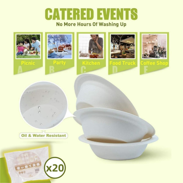 【可降解＆微波】一次性甘蔗漿紙碗 可降解紙漿即棄碗【20PCS】Disposable Paper Bowls Salad Bowls Party tableware BBQ bowls