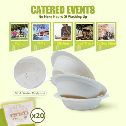 【可降解＆微波】一次性甘蔗漿紙碗 可降解紙漿即棄碗【20PCS】Disposable Paper Bowls Salad Bowls Party tableware BBQ bowls