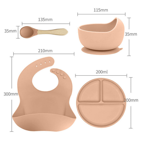 【4件套裝】 食品級硅膠兒童餐具套裝 寶寶餐具 口水巾 吸盤碗 寶寶餐盤 軟勺子 餵食分格硅膠餐盤 【4PCS Sets】food-grade silicone children's tableware baby feeding tray bowl spoon dinner plate