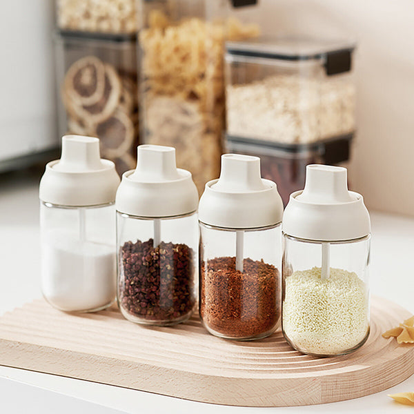 YNI 日式玻璃調料瓶 蓋勺一體 鹽罐 糖盒 Glass Seasoning Jars with Spoon and Lid Kitchen Seasoning Containers