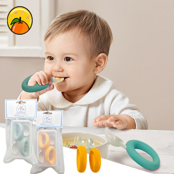 【2件套裝｜ppsu材質】抓握式兒童餐具 寶寳湯匙 短柄學習餐貝 【2PCS】PPSU Baby Self Feeding Training Spoon and Fork Set First Stage Self Feeding Utensils