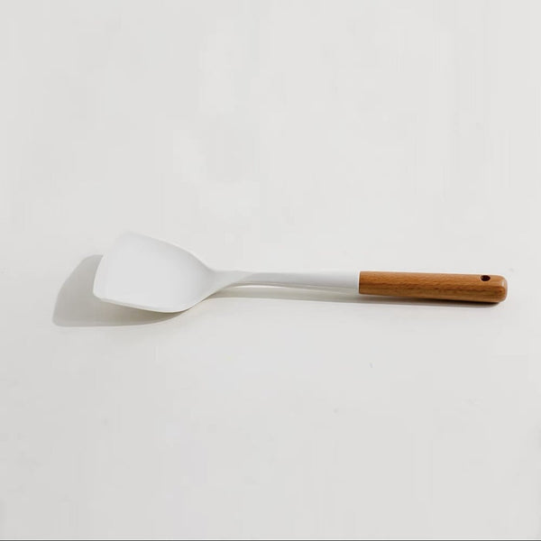 日式木系廚具 白色木柄矽膠廚具 漏勺 漏鏟 湯勺 鍋鏟 鑊鏟 勺子 【Slotted spoon】White Silicone Cooking Utensils | Wooden Handle, Non-Stick Cookware Heat Resistant Kitchen Utensil  Slotted spoon,Leaking shovel,Soup spoon,Shovel