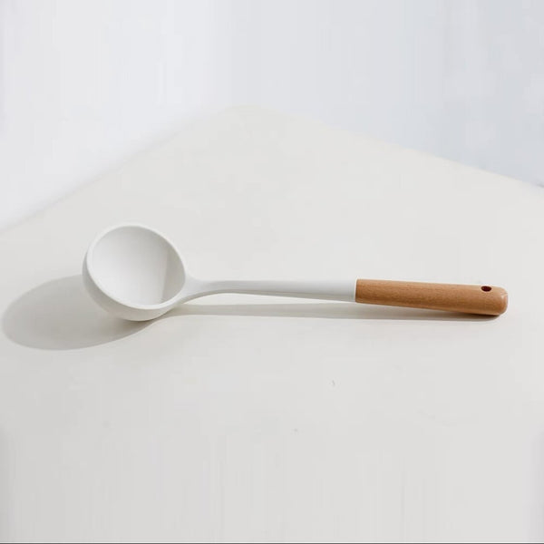 日式木系廚具 白色木柄矽膠廚具 漏勺 漏鏟 湯勺 鍋鏟 鑊鏟 勺子 【Slotted spoon】White Silicone Cooking Utensils | Wooden Handle, Non-Stick Cookware Heat Resistant Kitchen Utensil  Slotted spoon,Leaking shovel,Soup spoon,Shovel