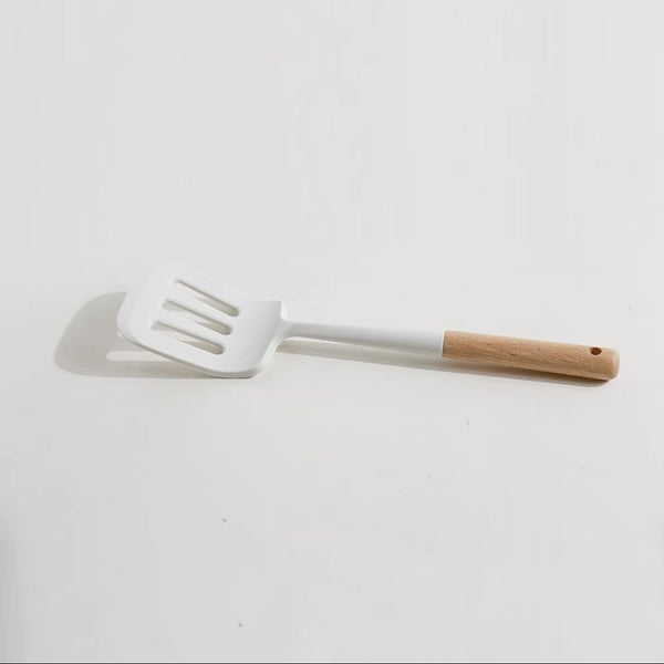 日式木系廚具 白色木柄矽膠廚具 漏勺 漏鏟 湯勺 鍋鏟 鑊鏟 勺子 【Slotted spoon】White Silicone Cooking Utensils | Wooden Handle, Non-Stick Cookware Heat Resistant Kitchen Utensil  Slotted spoon,Leaking shovel,Soup spoon,Shovel