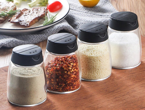 雙開口調味瓶套裝 帶蓋玻璃調味瓶 (4PCS) seasoning container pepper salt jar Condiment Jar Topping Dispenser Seasoning Box