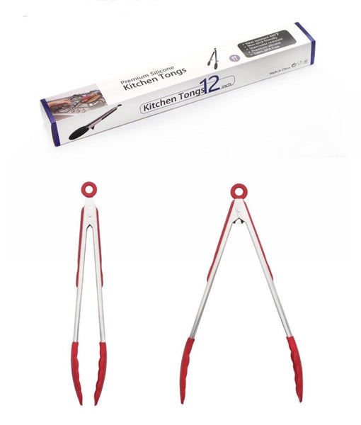 12吋不銹鋼矽膠食物夾 (帶固定鎖 腳墊) 耐高溫 燒烤夾 Stainless Steel silicone Cooking Tongs Tongs for Cooking Grill Tongs (12")