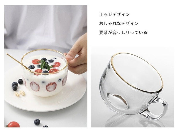 日系透明金邊杯 鋼化加厚玻璃杯 耐熱咖啡杯 Glass Cup with Handle Milk Juice Coffee breakfast glass